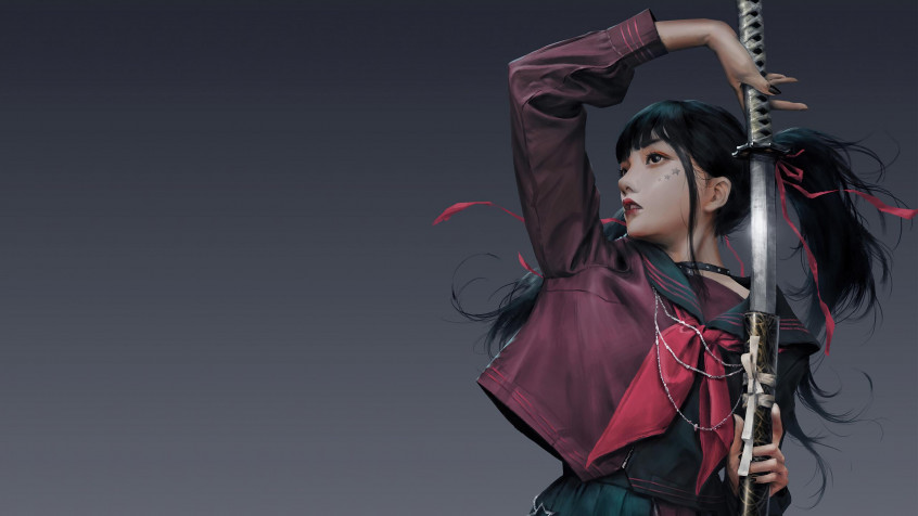 Anime Girl Katana 2k QHD Wallpaper 2560x1440px