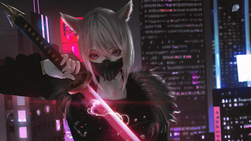 Anime Girl Katana 2k QHD Wallpaper 2560x1440px